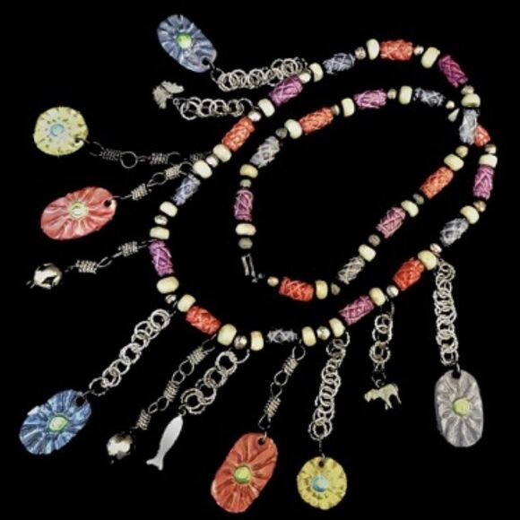 BOHO ARTISAN CERAMIC BEAD CHARM FLOWER NECKLACE 28 - Picture 1 of 6